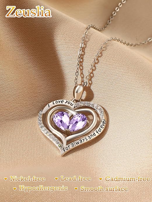 Valentine's Day Gifts for Wife 925 Sterling Silver Double Birthstone Pendant Necklaces I Love You for Always and Forever Necklace Anniversary Birthday Gifts for Wife Girlfriend Mom Her