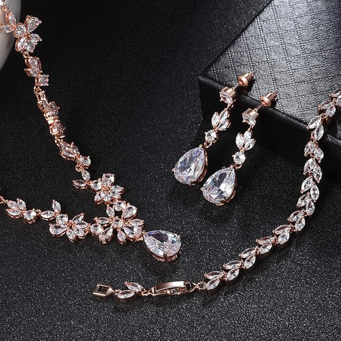 Hadskiss Jewelry Set for Women, Necklace Dangle Earrings Bracelet Set with White AAA Cubic Zirconia, Allergy Free Wedding Party Jewelry for Bridal Bridesmaid
