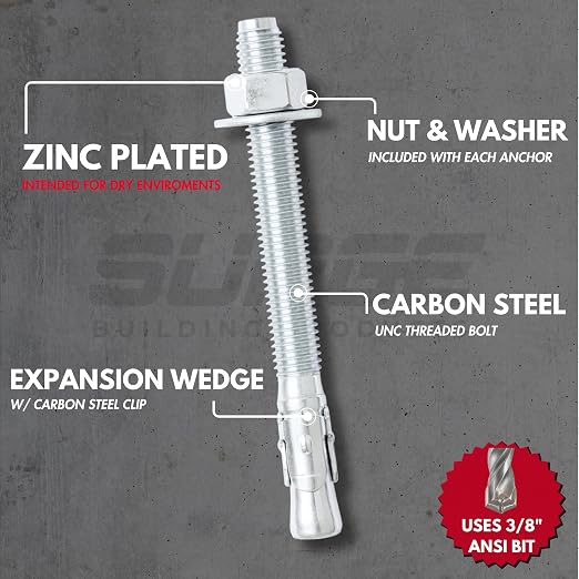 3/8" x 5" Zinc-Plated Wedge Anchors - Image 3