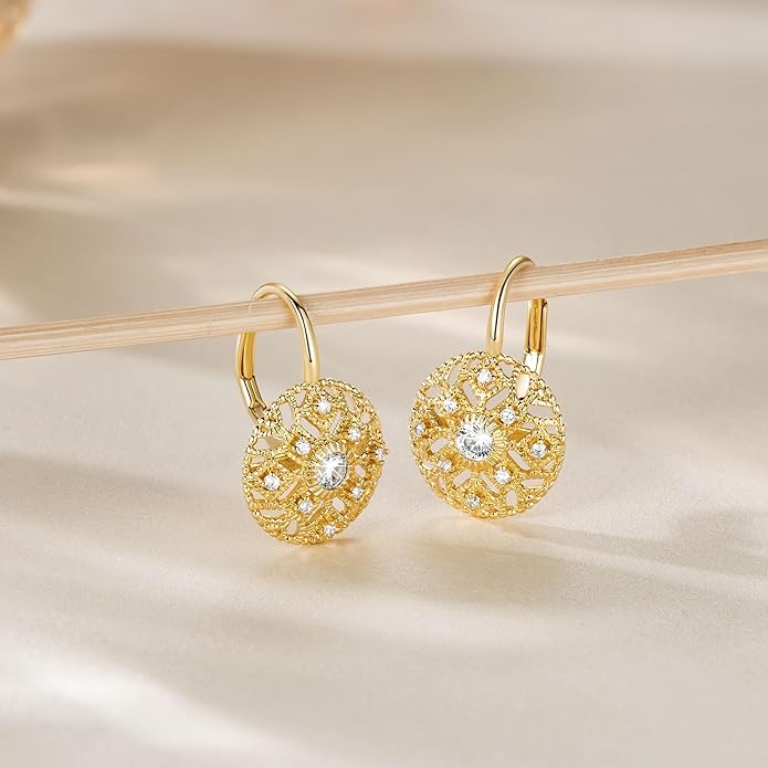Eloqueen 14K Gold Drop Earrings Dangle Earrings for Women Leverback Dangle with Cubic Zirconia with Engraved Details 14K Gold Earring for Women 14/16mm