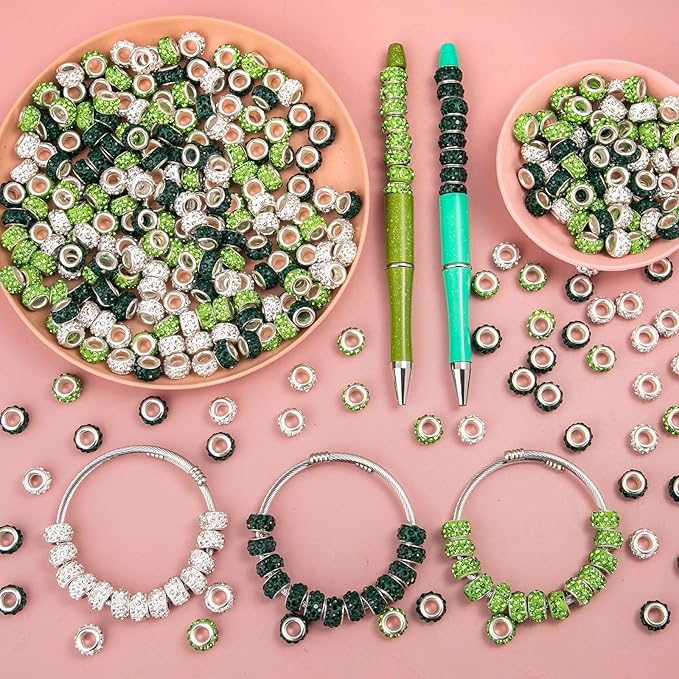 200 Pieces European Large Hole Spacer Beads, Green European Craft Beads Rhinestone Lampwork Beads Fairy Garden Beads for DIY Charms Bracelet Necklace Earring Jewelry Making Supplies