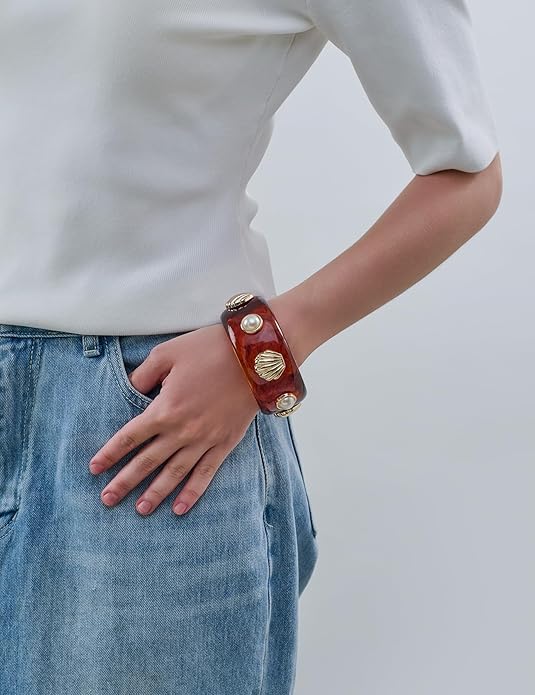 Trendy Acrylic Resin Bangle Bracelet for Women Chunky Transparent Acetate Mottled Plate Bangle Bracelet Statement Jewelry