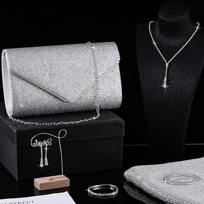 Hicarer 5 Pcs Dressy Jewelry Sets, Silver Shawls and Wraps, Clutch Purse for Homecoming Prom Evening Women Formal