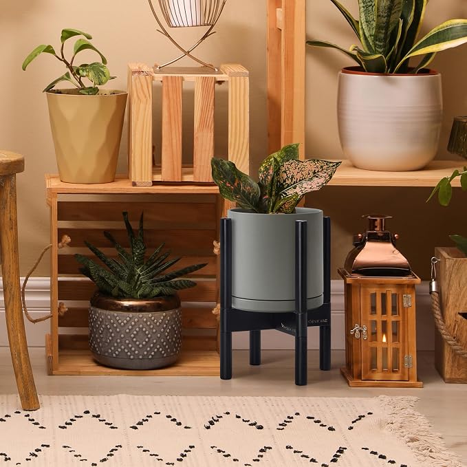 D'vine Dev Ceramic Pot with Ebony Wood Stand, 8 in, 55-B-M-3 | Mid-Century - Image 2