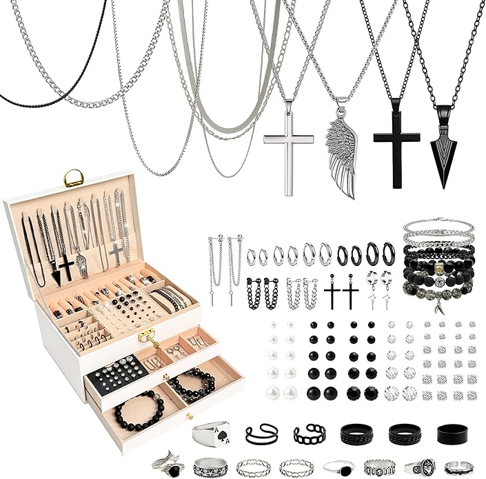 SMUOBT Jewelry Box with Jewelry Set for Women Men - Large Multi-Layer Jewelry Organizer Storage Case with Drawers, Necklace Bracelet Hoop/Stud Earrings Rings Gift Set for Her Him, Unique Birthday Party Gift (Gold/Black Silver)