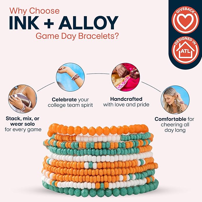 INK + ALLOY Game Day Bracelet Stacks, Beaded Bracelets for Football Gameday Outfits, Handmade Jewelry for College Students, Teachers, Football Moms, Set of 10