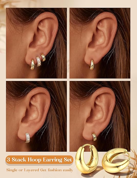 MILACOLATO 3 Pairs Small 14K Gold Plated Hoop Earrings for Women Trendy Hypoallergenic Silver Earring Stacks Huggie Hoops Earring Sets for Multiple Piercing Chunky Double Hoop Jewelry Lightweight