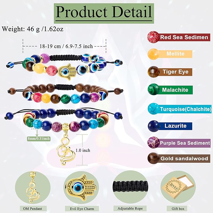 Bivei Chakra Bead Bracelets for Women - 8mm 7 Chakra Bracelet With Real Stones Yoga Gemstone Jewelry 3 Pack