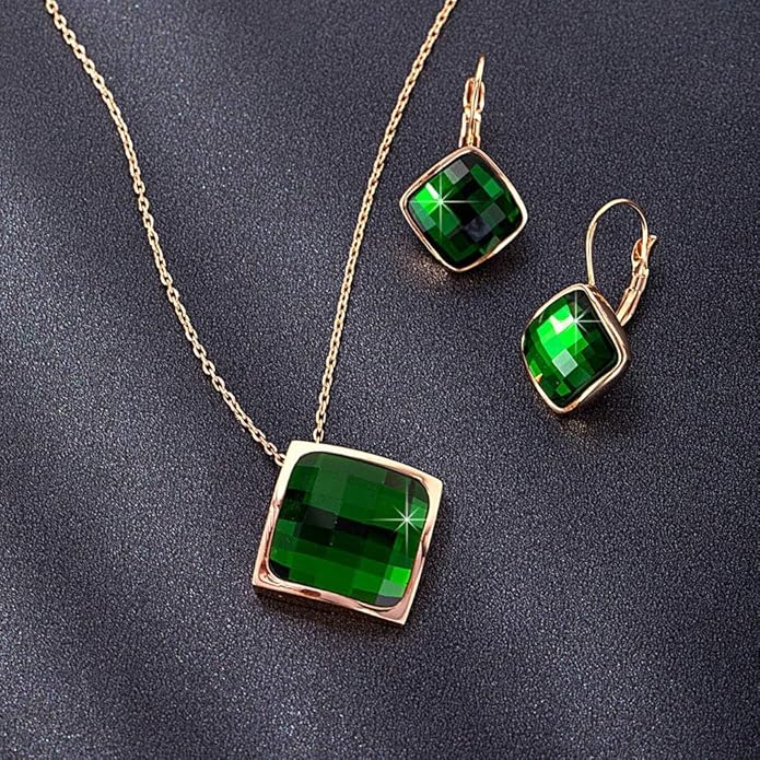 EVEVIC Square Austrian Crystal Necklace Earrings for Women Fashion 18K Gold Plated Hypoallergenic Jewelry Set