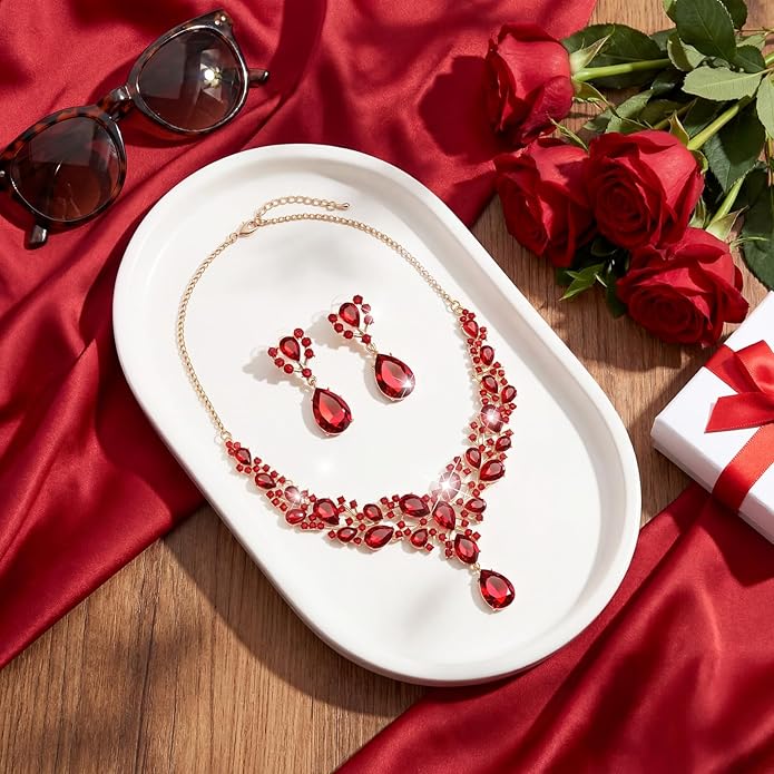 Hicarer Bridal Teardrop Cluster Crystal Jewelry Set for Women Necklace Earrings Wedding