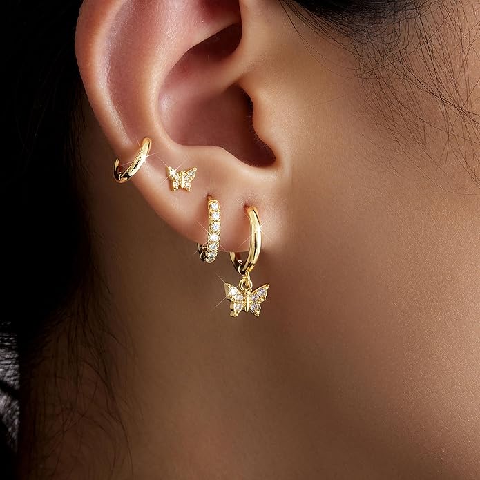 Small Gold Huggie Hoop Earrings Set for Women Men Hypoallergenic 14K Plated Stack Cartilage Earrings, Multiple Piercing Lightweight Mini Thin Cute Dainty Trendy Jewelry Set Christmas Gifts for Women