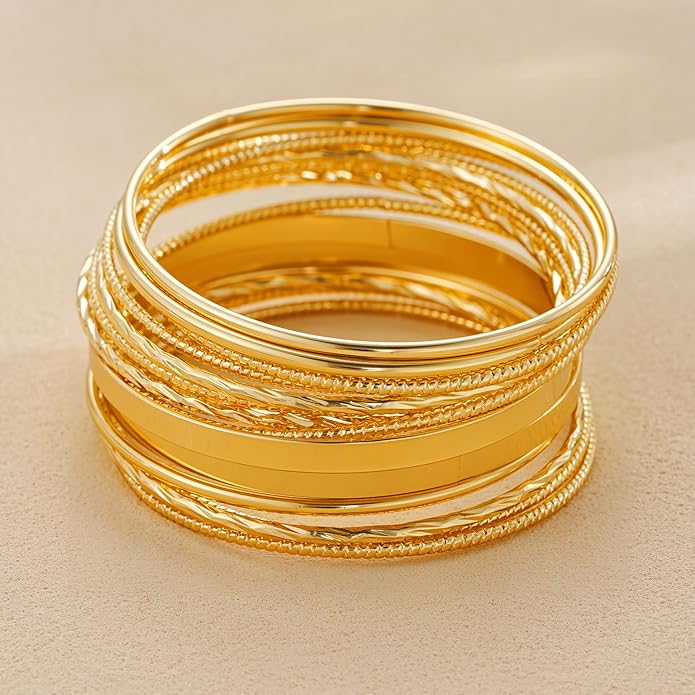 ÌF ME Gold Bangle Bracelets for Women, Indian Bangles Stackable Set, Multi Layer Textured 14K Gold Plated Chunky Bracelets Boho Jewelrys Set