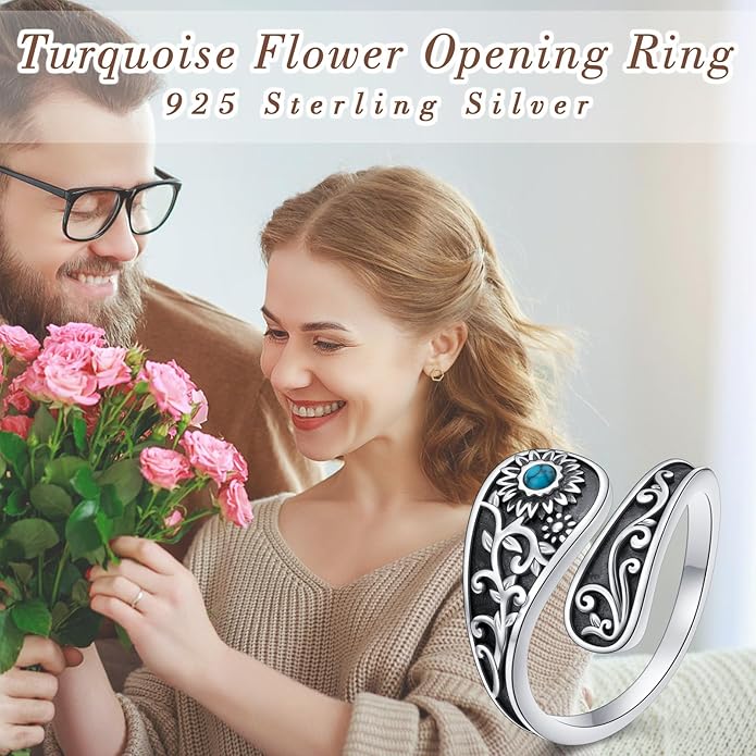 FLYOW Sterling Silver Sunflower Spoon Ring Victorian Style Boho Antique Flower Adjustable Open Ring Retro Statement Cubic Zirconial/Turquoise/Oxidized Thumb Rings for Women Birthday Christmas Jewelry