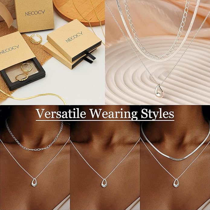 NECOCY Valentine's Day Gift 14k Gold/Silver Plated Layered Gold Necklaces for Women, 3Pcs Dainty Herringbone Choker Set, Trendy Stack Simple Chain Layering Pendant Jewelry