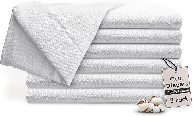 RUVANTI Unisex Birdseye Flat-Fold Cloth Diapers for Babies 3 Pack, 100% Cotton Reusable Diaper Inserts 23x23 Inches, White