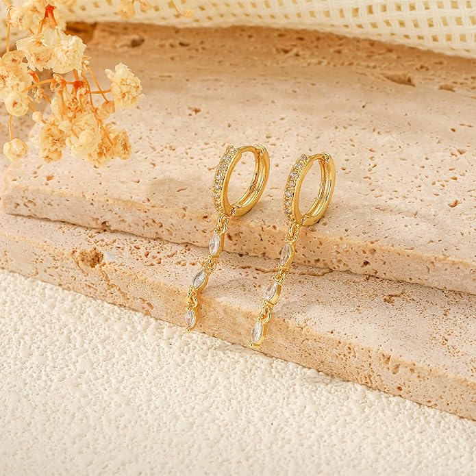 14K Gold Plated Dangle Earrings for Women Dainty Silver Drop Earring Trendy Small Long Dangling Wedding Bridesmaid Hoop Diamond Crystal Cute Earring Jewelry Valentine Gifts