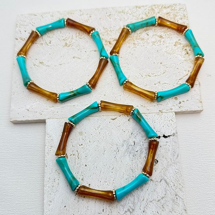 Tortoise Shell Bamboo Bangle Bracelet for Women – 3-Layer Acrylic Stretch Cuff with Faux Tortoiseshell Pattern – Retro Stackable Jewelry