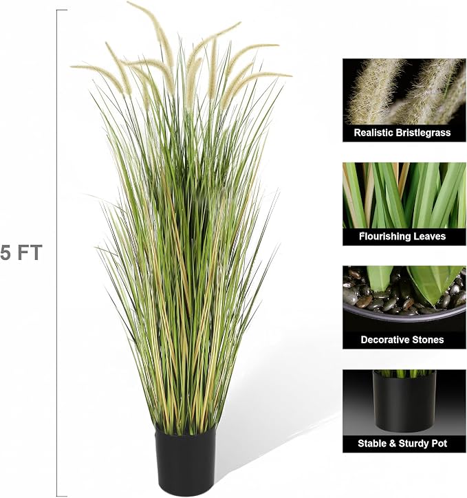 KOL Artificial 5ft Horsetail Reed Grass – 59in Tall Faux Grass Plant in Pot - Image 5