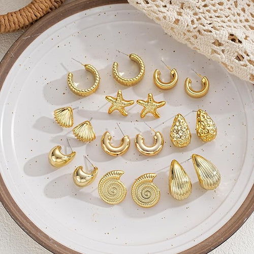 12 Pairs Chunky Gold Hoop Earrings for Women Trendy, Gold Plated Lightweight Hypoallergenic Stack, Thick Open Twisted Huggie Hoops Earring Set