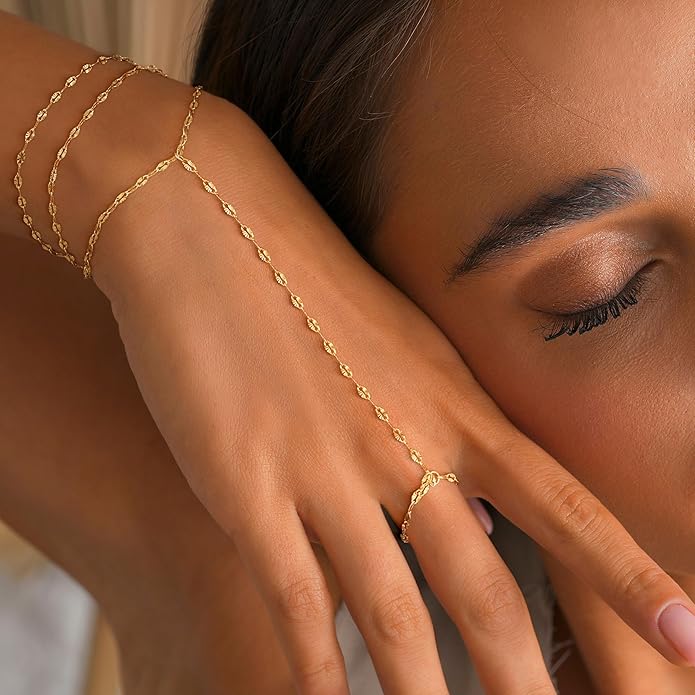CHESKY 14K Gold Plated Hand Chain Bracelets for Women Set - Dainty Finger Ring Bracelet Stack Adjustable Hand Chains Durable Beaded Bracelets Trendy Simple Body Jewelry Gift for Women