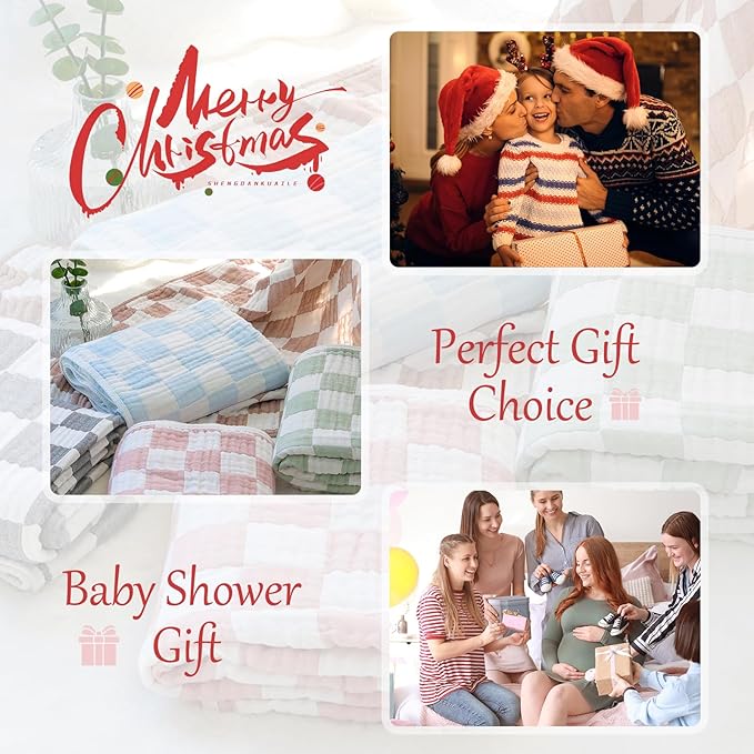 Muslin Swaddle Blankets for Baby Boys or Girls Breathable and Skin-Friendly 6 Layers Gauze Receiving Blankets Grey Chessboard 43 x 43 Inches