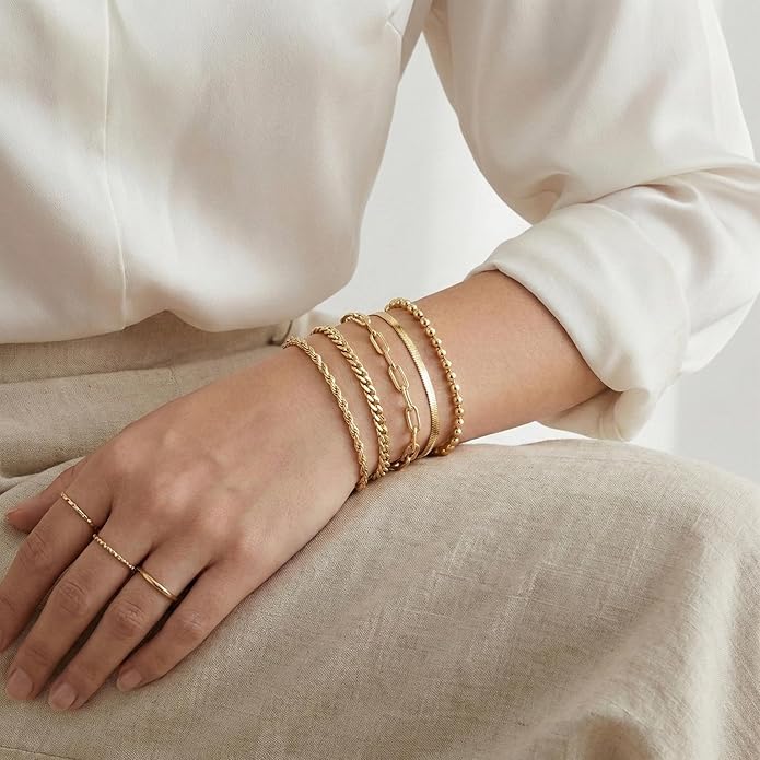 Gold Bracelets Set for Women Stack, Dainty Thick Bracelets Stack for Women Trendy, Simple Thin Gold Plated Cuff Stackable Bracelets With Beaded Cuban Paperclip Snake Rope Bangle Hand Chain Jewelry Gifts for Women Non Tainish