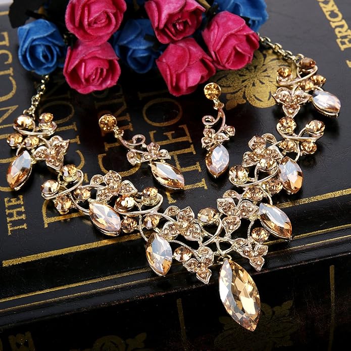 BriLove Women's Costume Fashion Crystal Floral Vine Leaf Statement Necklace Dangle Earrings Set