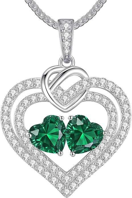 LOUISA SECRET Sparkling Double Heart Birthstone Necklaces for Women, 925 Sterling Silver Fine Jewelry, Pendant Heart Necklaces Birthday Anniversary Christmas Gift for Women Wife Mom Girlfriend Lady