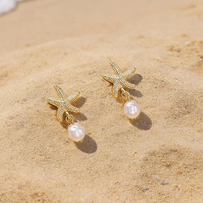 Seashell Starfish Earrings Beach Jewelry for Women Pearl Drop Shell Earrings Ocean Beachy Fashion Accessories Womens Summer Outfits 2026 Tropical Vacation Outfits Beach Vacation Clothes Dresses