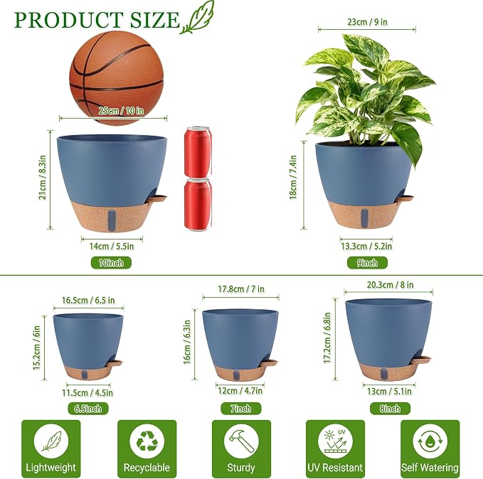 Self Watering Pots for Inoor Ourdoor Plants 10/9/8/7/6.5 Inch, 5 Pack | Plastic - Image 3