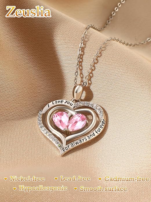Valentine's Day Gifts for Wife 925 Sterling Silver Double Birthstone Pendant Necklaces I Love You for Always and Forever Necklace Anniversary Birthday Gifts for Wife Girlfriend Mom Her