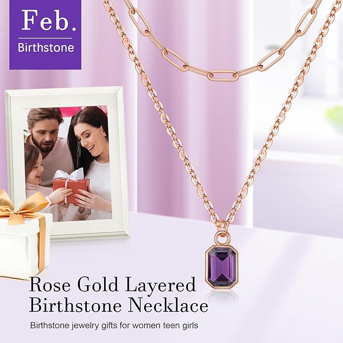 Layered Birthstone Necklace for Women Girls, 14K Gold-Plated Paperclip Chain Choker Necklace with Rectangle Birthstone Pendant Birthday Gifts for Women Girls Dainty Small