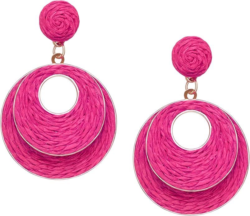 Raffia Hoop Earrings for Women - Boho Straw Wiker Dangle Drop Earrings for Summer Beach, Bohemian Trendy Rattan Jewelry