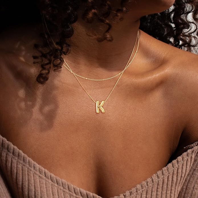 Initial 14K Gold Plated Necklaces for Women, Layered Bubble Letter A-Z Necklace Pendant Choker Necklaces for Women Trendy Monogram Name Necklace Personalized Jewelry for Women