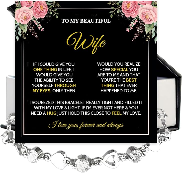 “To My Wife Heart Bracelet – Crystal Heart Link Jewelry Gift with Message Card”.