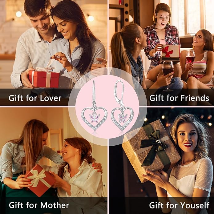 Butterfly Birthstone Heart Dangle Drop Earrings, 925 Strlings Silver 5A Cubic Zircon Leverback Earrings Jewelry Anniversary Birthday Gifts for Women