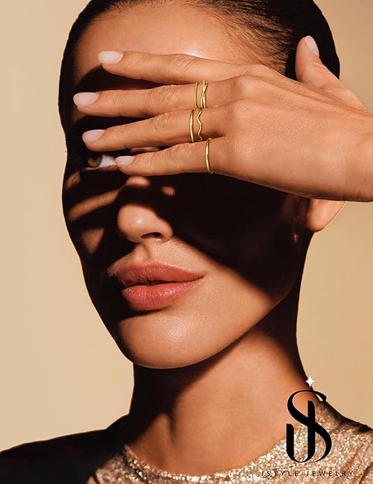 Jstyle Gold Stackable Rings for Women Non Tarnish Open Adjustable Rings Cubic Zirconia Thin Thumb Silver Ring Set 14K Gold Filled Pinky Knuckle Stacking Set - Dainty Statement Promise Band Ring Sets