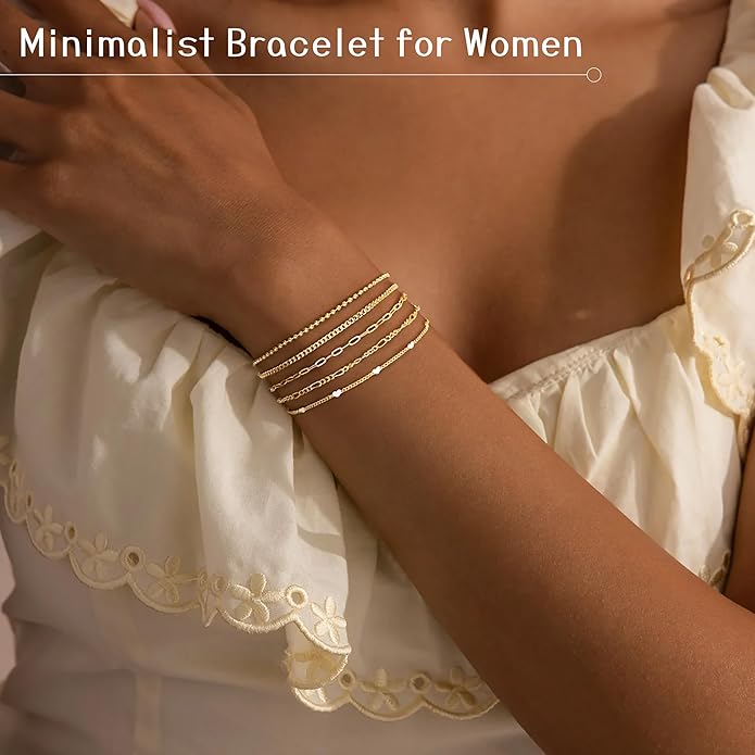 Gold Bracelets Set for Women Stack, Dainty Thick Bracelets Stack for Women Trendy, Simple Thin Gold Plated Cuff Stackable Bracelets With Beaded Cuban Paperclip Snake Rope Bangle Hand Chain Jewelry Gifts for Women Non Tainish