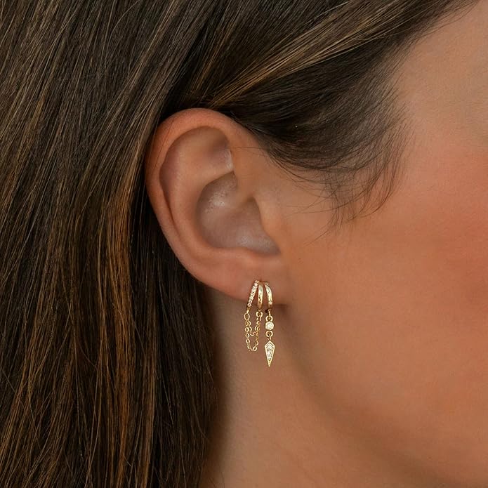 Dangle Earrings For Women,Dainty 14K Gold Plated Hypoallergenic Small Triple Huggie Hoop Earring Gothic Cute Cross Moon Star Drop Earrings For Women Trendy Gold Statement Stud Earring Jewelry