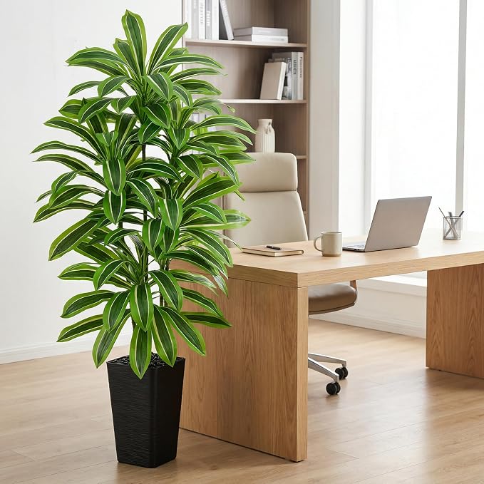 Artificial Dracaena Tree: 6FT Fake Plants Silk Faux Trees（Black Pot） | - Image 10