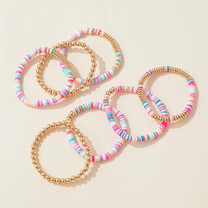 GOOJIDS Surfer Heishi Clay Bead Bracelets for Women Bohemian Stackable Gold Plated Beaded Stretch Bracelets Elastic Layering Friendship Bracelets Set Boho Jewelry