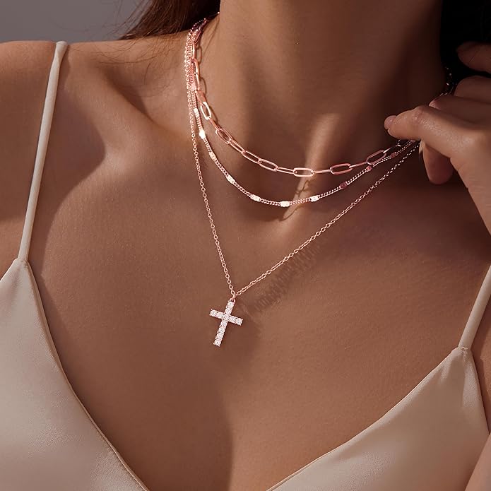 Layered Gold Necklaces for Women, Stackable Dainty 14K Gold Silver Plated Trendy Simple Heart Diamond Cross Bow Circle Pendant Paperclip Choker Dot Chain Necklace,Jewelry Set Gifts for Women