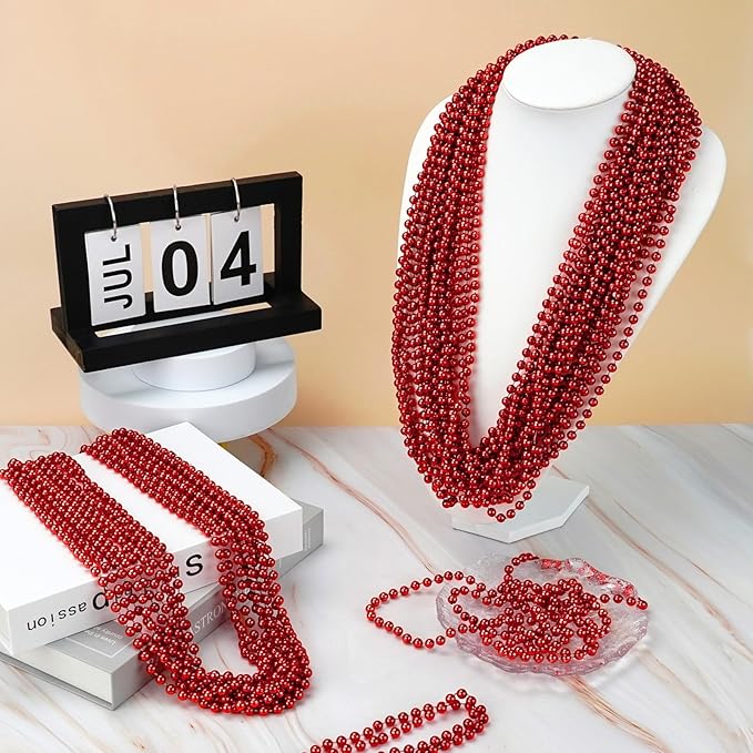 YAXINRUI 120 PCS Red Bead Necklaces, Red Mardi Gras Beads Christmas Necklace, Valentine Necklaces, 33 Inch Round Beaded Necklace for Mardi Gras Christmas Valentine Festive Events, Party Favors