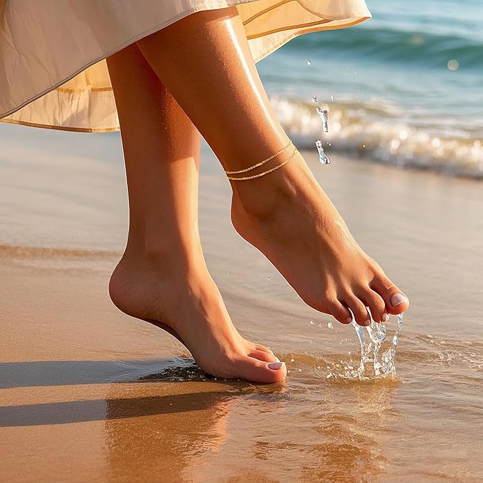 DEARMAY Dainty 14K Gold Plated Ankle Bracelets for Women, Waterproof 14K Gold Plated Link Chain Anklets Non Tarnish Set Pack Summer Beach Jewelry Gift