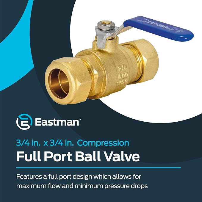 Eastman Full Port Ball Valve, 3/4 x 3/4 Inch Compression Ends, Brass Inline - Image 2