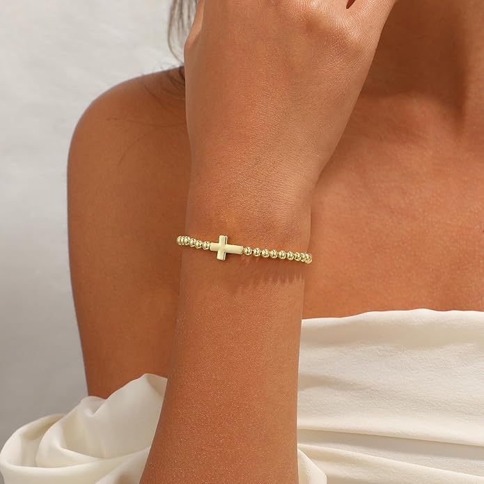 Gold Bracelets for Women, Cute 14K Gold/Silver Plated Stretch Beaded Bracelets for Women Trendy Stackable Charm Bracelet Dainty Adjustable Waterproof Non Tarnish Jewelry Gifts for Her