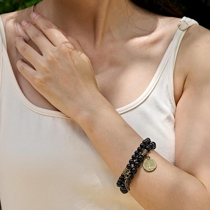 Bivei Natural Semi Precious Gemstone beads bracelet for women - Life Tree and Leaf Charm Energy Reiki Crystal Stretch Bracelets