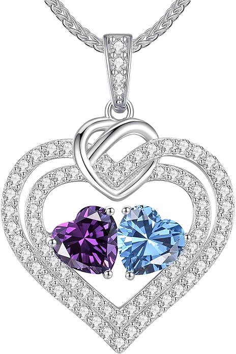 LOUISA SECRET Sparkling Double Heart Birthstone Necklaces for Women, 925 Sterling Silver Fine Jewelry, Pendant Heart Necklaces Birthday Anniversary Christmas Gift for Women Wife Mom Girlfriend Lady