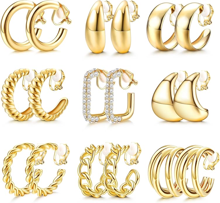 YADOCA 9 Pairs Gold Clip on Earrings for Women 14K Gold Plated Waterdrop Chunky Clip on Hoop Earrings No Piercing Fake Earrings Set