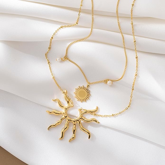 Gold Necklace for Women, Dainty 14K Gold Plated Layered Sun Pendant Necklace Gold Charm Chocker Jewelry Gift for Her